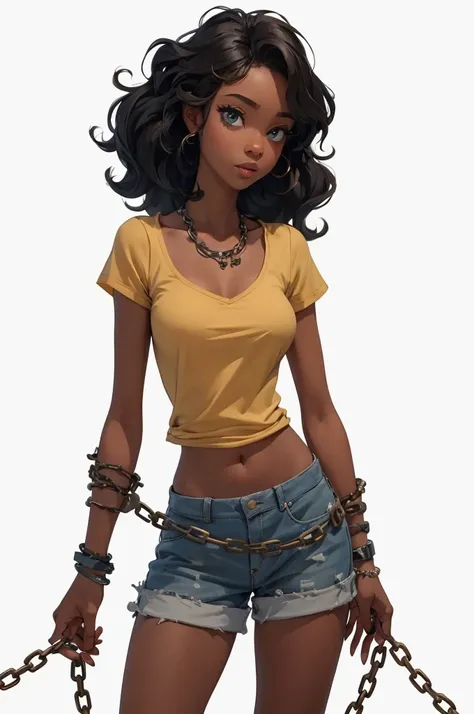 Princess Tiana in chains, as a captive, casual clothes, simple look, white wallpaper, regular person, high quality, 8k