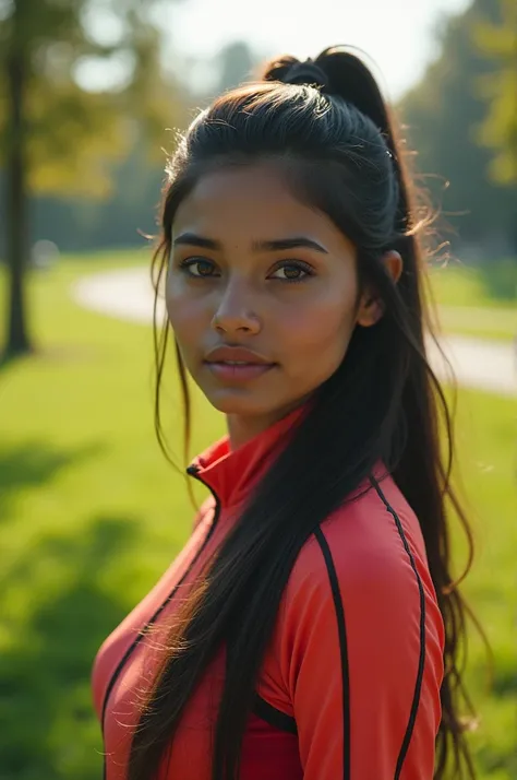  , photography of a close up of a a beautiful desi girl  with a tree in the background  , round face, fair skin, wearing a high-performance tracksuit with bright accents and running shoes. Pose her in a picturesque park with green fields, running trails, a...