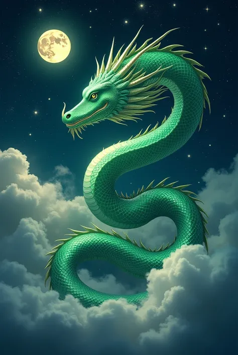 A green naga is in the sky, with clouds and twinkling stars.