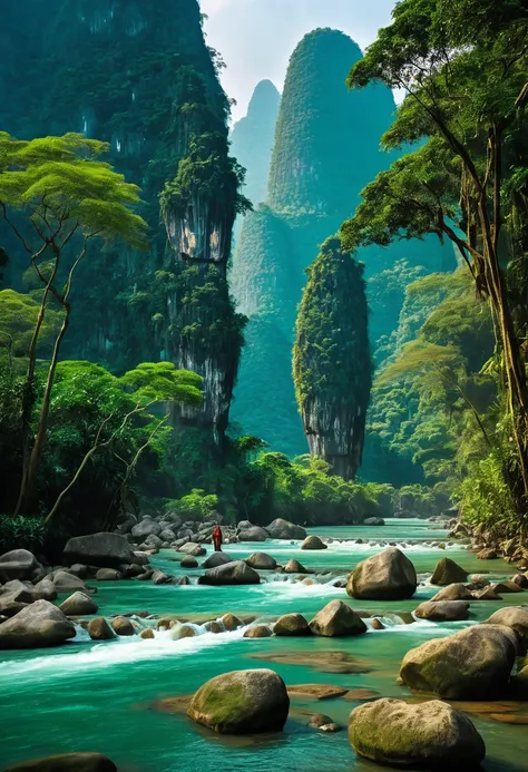 araffe standing on a rock in a river surrounded by trees, karst pillars forest, mountains river trees, majestic nature scenery, jungles of vietnam beautiful, stunning nature in background, chinese landscape, forest and river, very beautiful scenery, beauti...