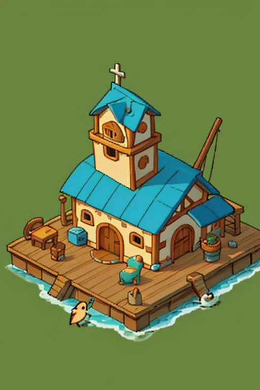 A whimsical, cartoonish fishing shack that is also an old lighthouse with large barn doors and an island in the background. The roof of the shanty has weathered to reveal wooden beams, and its adorned with various fishing nets and surrounded by floating fi...