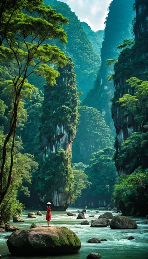 araffe girl standing on a rock in a river surrounded by trees, karst pillars forest, mountains river trees, majestic nature scenery, jungles of vietnam beautiful, stunning nature in background, chinese landscape, forest and river, very beautiful scenery, b...