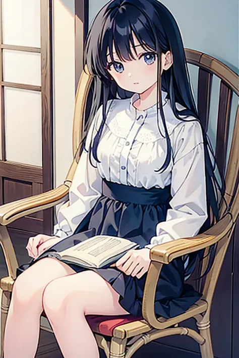 Madoka Ayukawa in a wicker armchair, 8k, manga style, long black hair, grands yeux bleus
