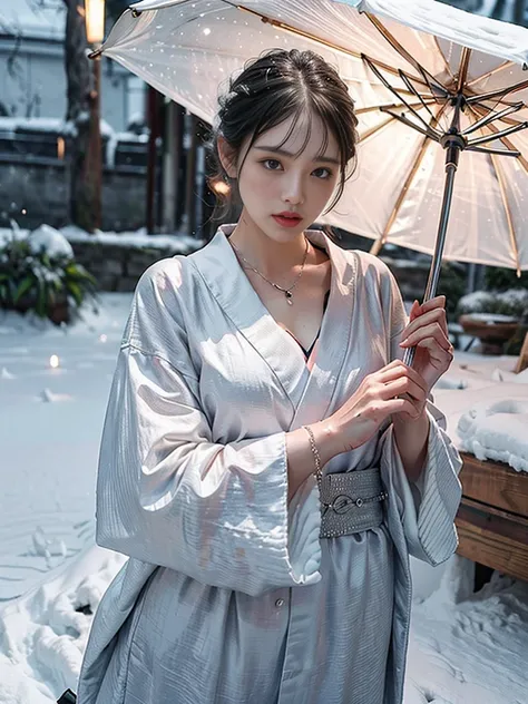 (RAW shooting, Photoreal:1.5, 8K, highest quality, masterpiece, ultra high resolution), ((((heavy snow, Blizzard)))), Highly detailed skin and facial textures:1.3, perfect dynamic composition:1.2, (In front of a shrine at night in a modern city, expression...