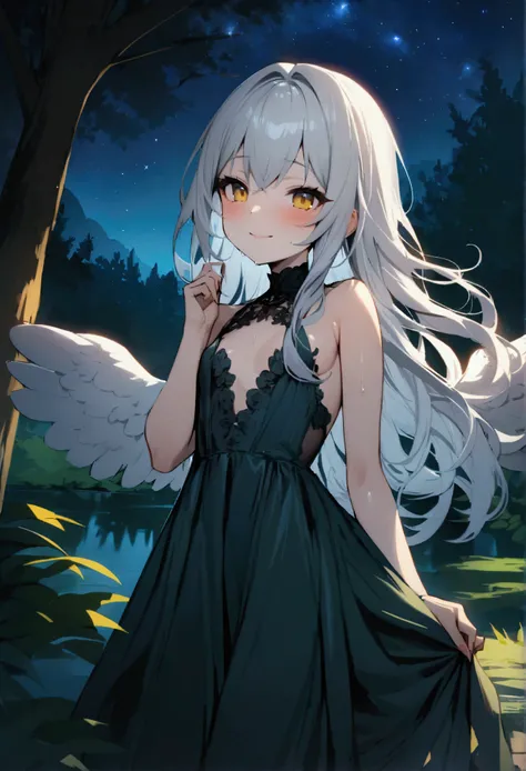 NSFW,masterpiece,Highest quality,High resolution,Very detailed,Girl,Silver Hair,long hair,Golden Eyes,Small breasts,Short height,Angel,wing,dress,In the forest at night,Lakeside,Starry Sky,Bewitching Smile