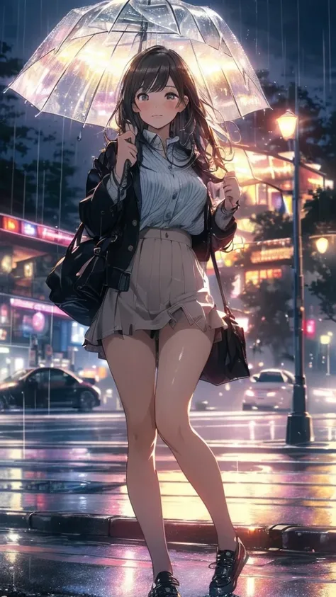 (8k, RAW Photos, Highest quality, masterpiece:1.2), (Realistic, photo-Realistic:1.37), Omertoza, 1 person, (K-POPアイドル), (Charming monkey:1), cute, Cityscape, rain, Wet, Professional Lighting, Photon Mapping, Radio City, uniform , mini skirt , Physically Ba...