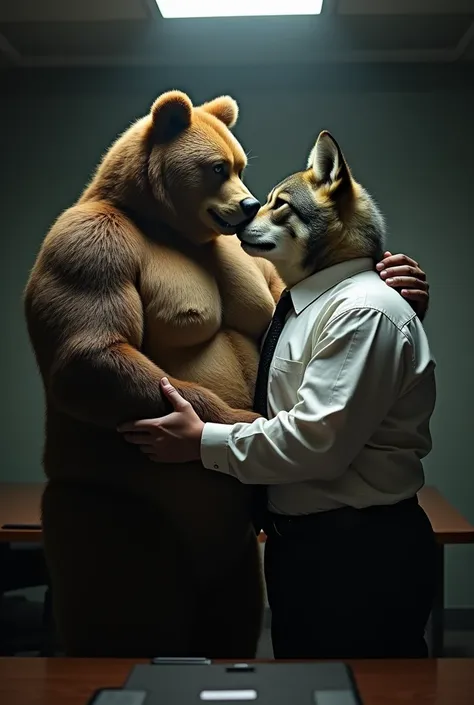 Musclechub, Chubby , male , furry, fluffy, salivating , wet, kissing , Hug , climaxing face , clothes, wet clothes, sexual (Extremely Romantic atmosphere, masterpiece) , work attire, white shirt, black tie, open shirt, hairy chest exposed, sweating, break ...