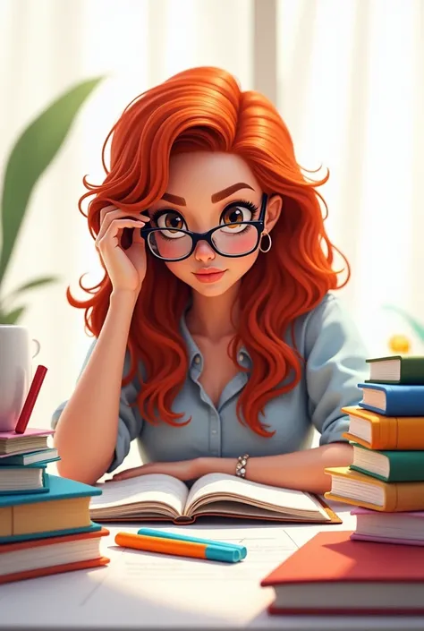 woman red hair brown eyes wearing glasses studying pixar style white background