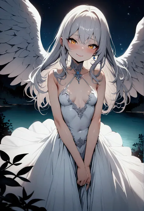 NSFW,masterpiece,Highest quality,High resolution,Very detailed,Girl,Silver Hair,long hair,Golden Eyes,Small breasts,Short height,Angel,wing,Gorgeous dress,In the forest at night,Lakeside,Starry Sky,Bad Smile