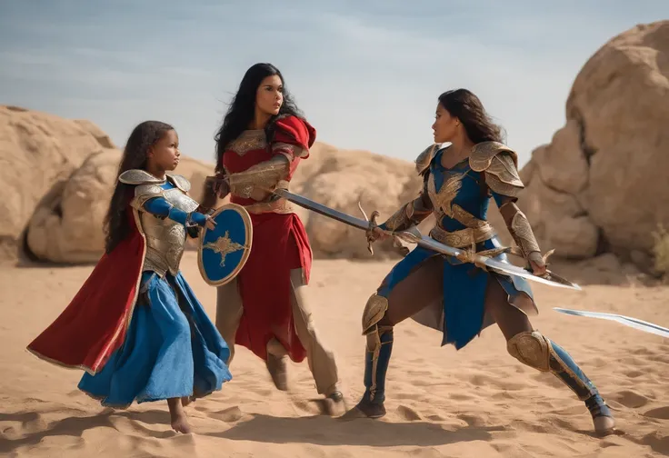 Two mother and daughter with black hair, blue armor that only covers their breasts and their bare stomachs are ready to fight with a mother and daughter with blonde hair, with red armor that only covers their breasts and their stomachs are bare.  Two group...