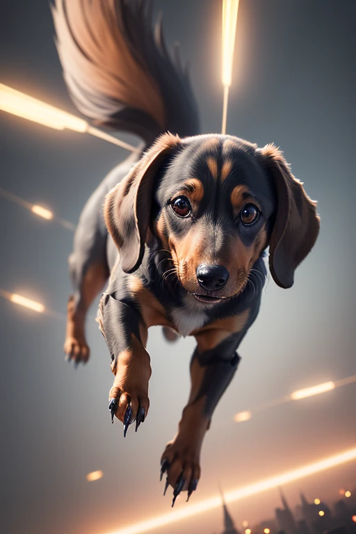 dachshund robot,flying in the sky,highly detailed,photorealistic,8k,masterpiece,extremely detailed,intricate details,dynamic motion,mechanical design,futuristic technology,metallic texture,glowing lights,dramatic lighting,cinematic composition,vivid colors...