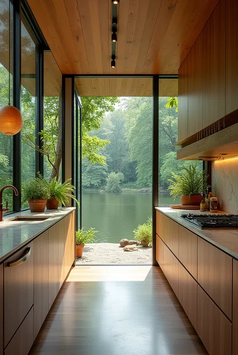 Create a beautiful kitchen for me, luxurious but kept simple, in the middle of the woods, a pond with a view of the pond, where you can cook well, that the kitchen is open so that you can cook almost directly by the pond, it is luxurious and beautiful, but...