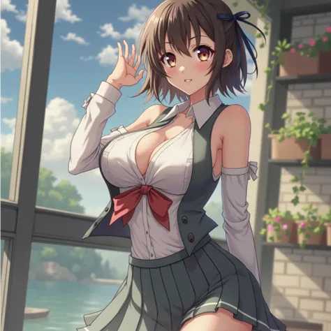 a female anime character with large breasts, beautiful detailed eyes, beautiful detailed lips, extremely detailed face, long eyelashes, detailed school uniform, skirt blowing in the wind, cute expression, dynamic action pose, complex background, vibrant co...