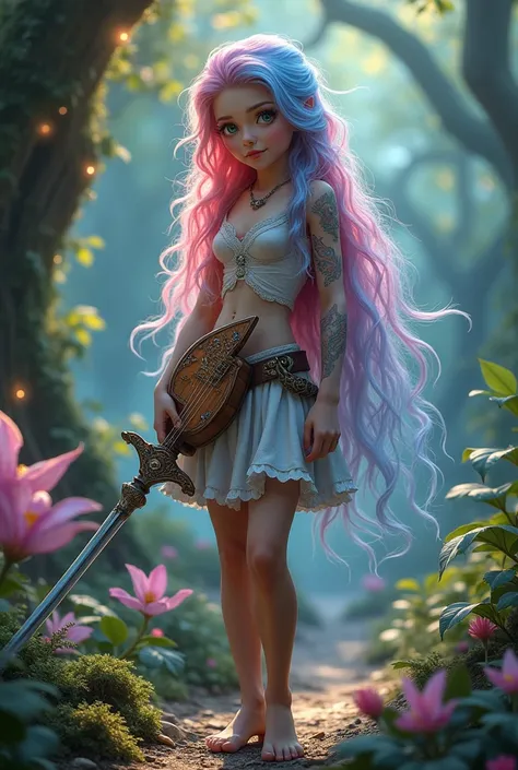 A young and very sexy girl, her hair is pink and blue and her skin is white and delicate, her eyes are silver and under her skin a golden powder covers her entire body, She also has several magical runes tattooed on her., this girl is noble and is the daug...