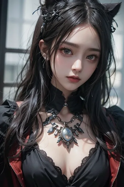 Highest quality、8k、masterpiece：1.3、Gothic Punk、The inside color is red、Gray Black Hair、hair ornaments、Beautiful girl、creative、Dark Fantasy Style、Neogoth、Goth Fashion：1.2、High resolution、masterpiece、Highest quality、頭w:1.3、((Hasselblad Photos))、Fine skin、Sha...