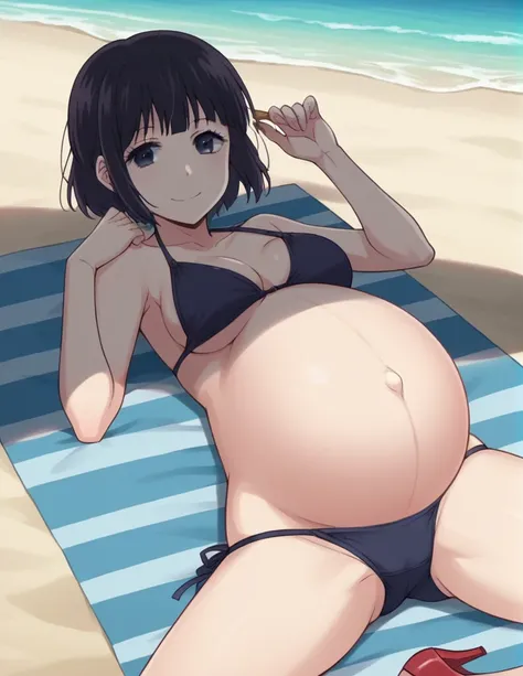 score_9, score_8_up, score_7_up, source_anime,
hanabiyasuraoka, hanabi yasuraoka, short hair, black hair, black eyes, bikini, Heels, big belly, Beach, background, rubing belly, smile, happy,
looking at viewer, cowboy shot, solo, pregnant, possing, Lying do...