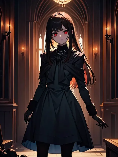 Black maid outfit, whole body, Long black hair,Red eyes,In the spotlight,(It generates high-quality female works with a dark and insane horror movie-like world view centered on black. She has a creepy and attractive physique、whole body黒のファッションスタイルを着ています. T...