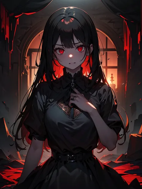 Black maid outfit, whole body, Long black hair,Red eyes,In the spotlight,(It generates high-quality female works with a dark and insane horror movie-like world view centered on black. She has a creepy and attractive physique、whole body黒のファッションスタイルを着ています. T...