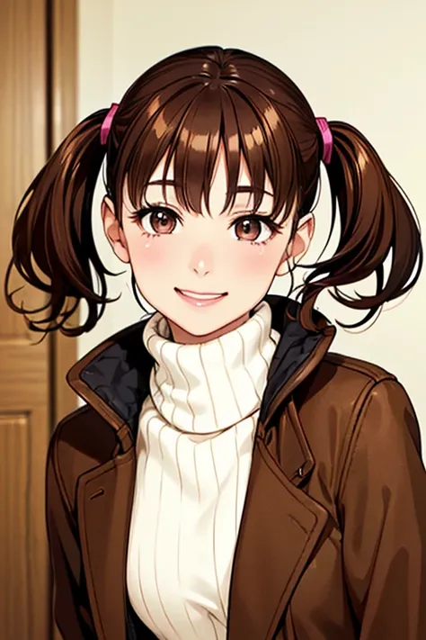 Yumi Fukuzawa、Shiny brown hair,Medium Hair, 、(( , Twin tails、)),Beautiful brown eyes、Sparkling eyes, fine grain、smile、Very fine eye、Highly detailed face, Highly detailed eyes,Cowboy Shot、

masterpiece、High resolution、High resolution、High resolution、1 femal...