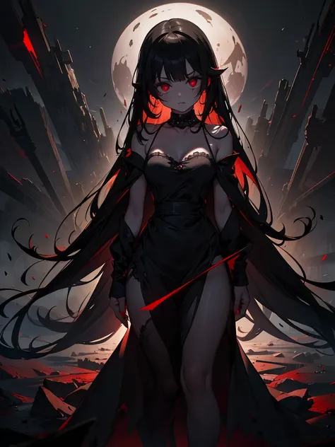 Black maid outfit, whole body, Long black hair,Red eyes,In the spotlight,(It generates high-quality female works with a dark and insane horror movie-like world view centered on black. She has a creepy and attractive physique、whole body黒のファッションスタイルを着ています. T...