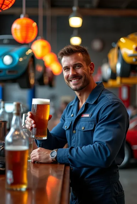 environnement : bar à cocktail dans un atelier de réparation automobile, voitures de sport sur des ponts élévateurs personnage : barman, musclé, cheveux bruns courts, habillé en bleu de travail sexy, sert une bière, visage détaillée