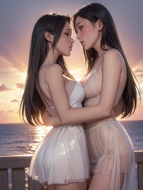 (realistic photo:1.37), Beautiful face profile, Summer sea evening sunset, The sunset is reflected on the sea surface, (Dazzling sunset:1.3, beautiful evening sunset:1.3), 2 womans on the beach, Two beautiful women are about to hug each others waists and k...