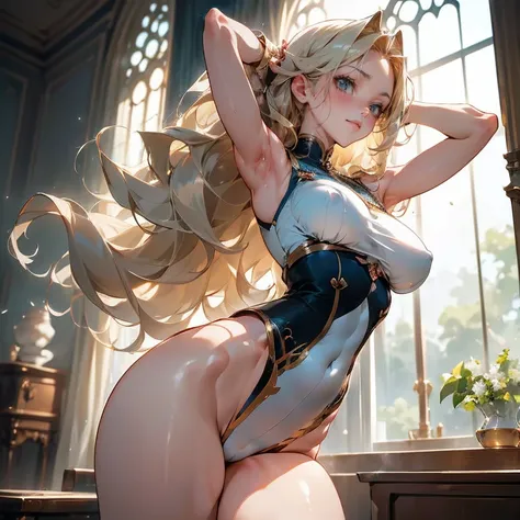 Anime Kawaii sexy Perfect Slim sensual body large breast and huge thighs, An intricate and highly detailed illustration of anime (Young girl).Seems graceful and elegant. Women for a long time, Her wavy hair cascades over her shoulders, bangss、((academy))、(...