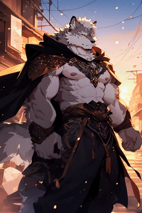 Gray wolf orcs，Black highlights on face，Black cape。Strengthen your body。City Streets。Sunset。Sunset。Depth of Field, Perfect lighting, (Light Particles),(best quality),(masterpiece),(ultra de tailed),Clear focus