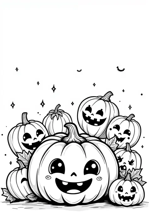 Cute and kawaii halloween a pumpkin smiling with small horror pumpkins coloring Page, simple for toddlers, bold and easy, black bold lines White background, for a coloring book black and white, líne art, only outlines but the design is simple and bold