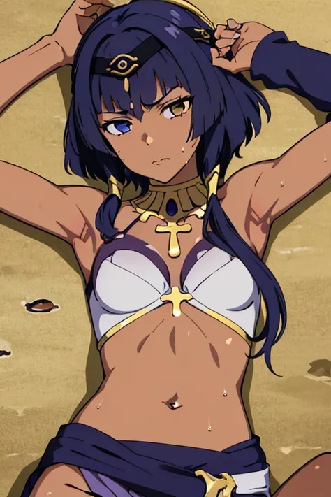 ((best quality)), ((masterpiece)), (detailed), dark tanned skin anime woman, (bare shoulders), (bare arms), starving, (resting hands on her skinny flat stomach), (hands on her stomach), laying down on the ground, tired expression, sweating, sweat beads all...