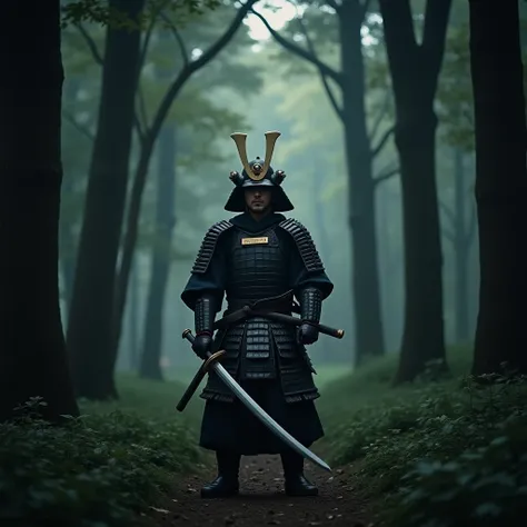 A samurai warrior standing in a dark forest, holding a katana sword, wearing traditional Japanese armor, glaring with a stern expression, dramatic lighting, moody atmosphere, cinematic composition, digital art, concept art, hyper-detailed, 8k, masterpiece