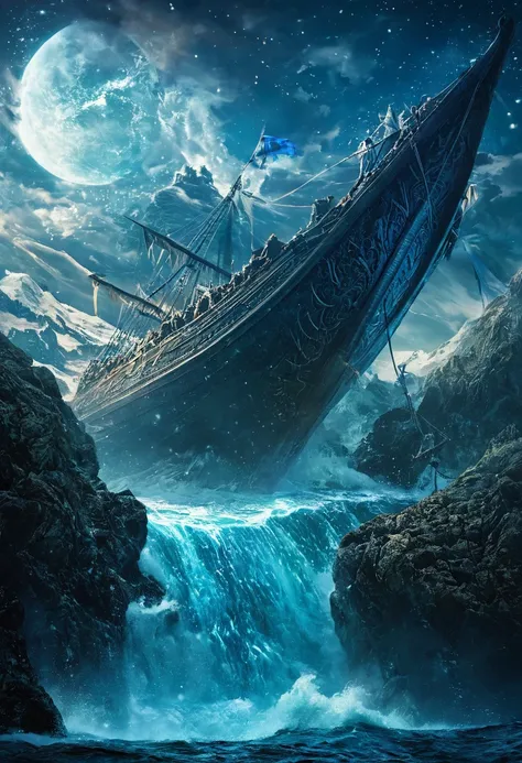 a fantastic interpretation of a flat earth, a boundless ocean cascading from the edge of the earth, or three Scandinavian longships at the stern, the bow with a dragons head are on the precipice, diving over the ledge gargantuan ship of the world, a unique...