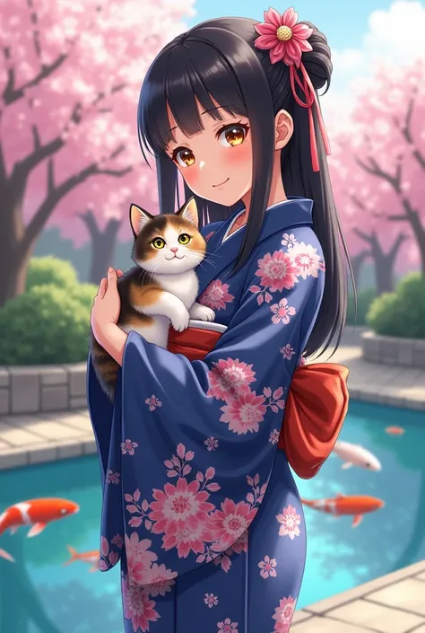 yukata girl holding a cat realistic 
