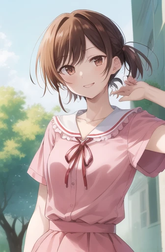 2D, masterpiece, Highest quality, anime, Very detailed, One person, alone, Cowboy Shot, Chizuru, Pink Shirt, Frilled shirt, White Skirt, white collar, Red ribbon, Neck ribbon, clavicle, Outdoor, smile