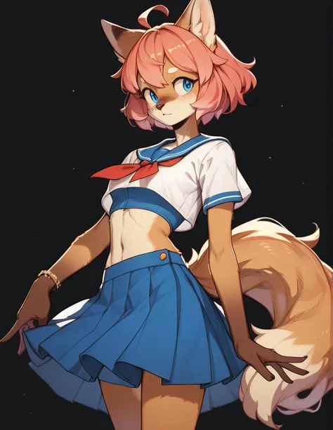 score_9, score_8_up, score_7_up, score_6_up, score_5_up, score_4_up, アニメ, Anthropomorphic character, with brown and white fur, Fluffy tail, cropped top with short sleeves, overskirt, blue colored eyes