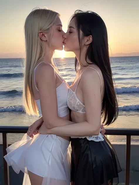 (realistic photo:1.37), Beautiful face profile, Summer sea evening sunset, The sunset is reflected on the sea surface, (Dazzling sunset:1.4, beautiful evening sunset:1.3), 2 womans on the beach, Two beautiful women are about to hug each others waists and k...