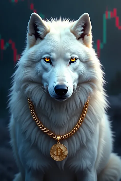 White realistic wolf alpha logo art (((odd-eyes))) With looks calm face, with double gold chain, t-shirt logo, (((small bitcoin symbol pendant))) (( background trading forex )) ,(((logo)))