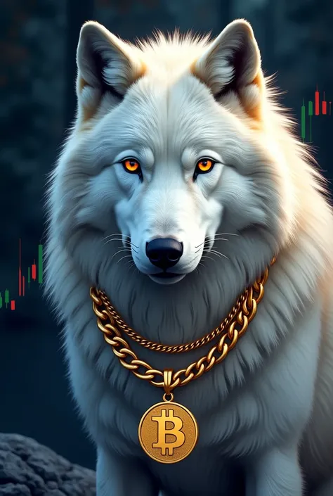 White realistic wolf alpha logo art (((odd-eyes))) With looks calm face, with double gold chain, t-shirt logo, (((small bitcoin symbol pendant))) (( background trading forex )) ,(((logo)))