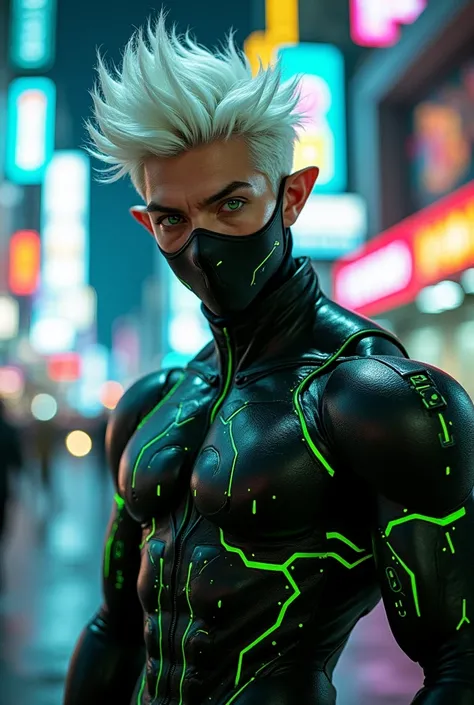 Man with white spiky hair like Gotens, greeneyes, little elf ears. Black mask up to the nose with green details, Black technological clothing with green detail, He has muscle. anime dash