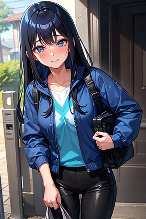 A seductive high school girl with black hair and blue eyes, wearing a long-sleeved blue windbreaker and black long pants, blushes as she carries a black backpack in front of the entrance to her house, looking shy and happy.