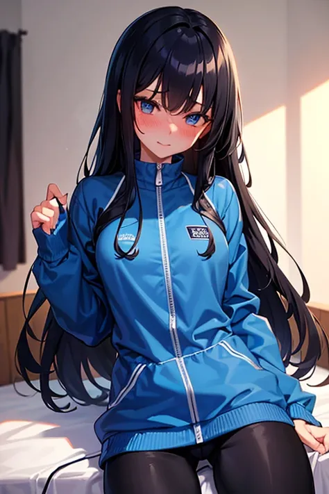 A seductive high school girl from the track and field club, with long black hair and blue eyes, wearing a long-sleeved blue windbreaker and black long pants, blushing in her room, shyly and happily clinging to someone.