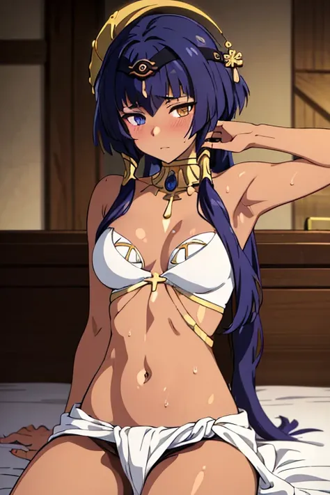 ((best quality)), ((masterpiece)), (detailed), tanned skin anime woman, (bare shoulders), (bare arms), (long hair), starving, (resting hands on the stomach), (hands on the stomach), (slim body), (smooth and oily skin), laying down, tired, sweating, soft bl...