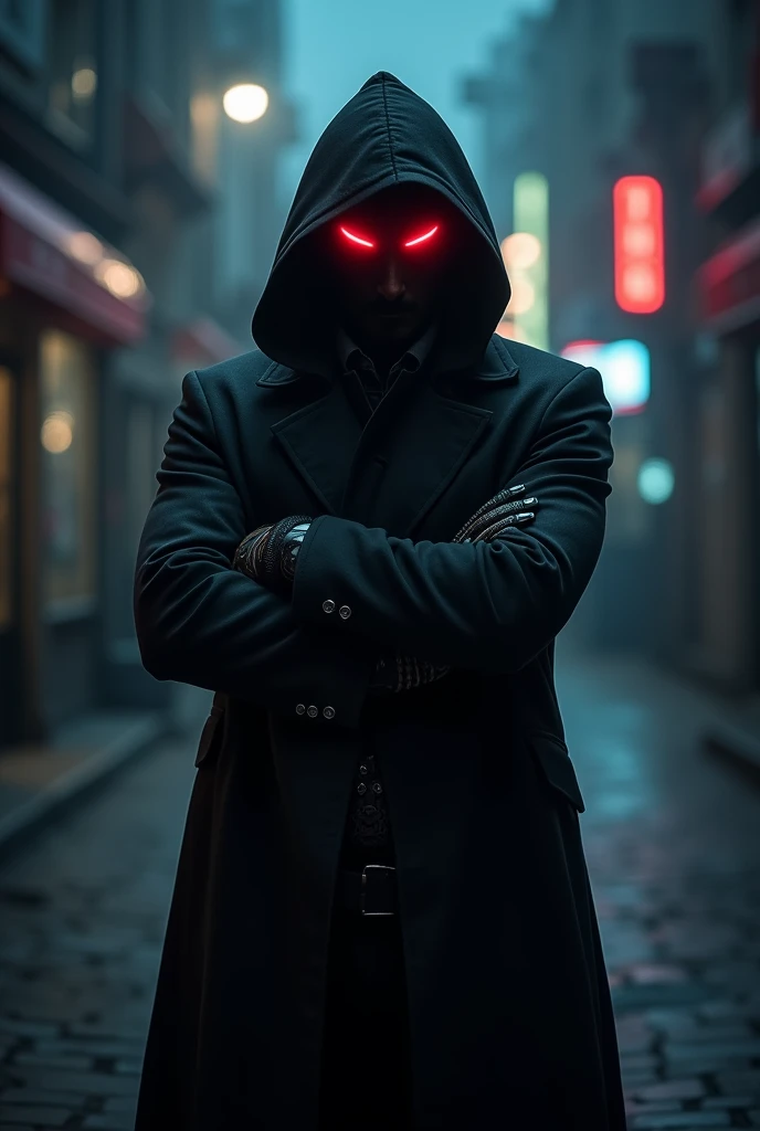 a male character, dark, with red neon eyes, completely dark face, with an overcoat , crossed arms, just from the waist up