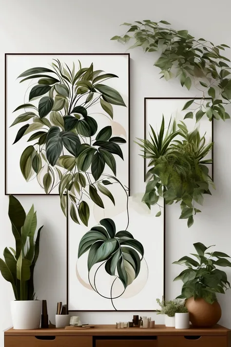 Create a modern botanical art print that combines stylized botanical elements without flowers with geometric designs. Use a palette of earth tones, including shades like terracotta, beige, olive green, and muted browns. The botanical elements should be min...