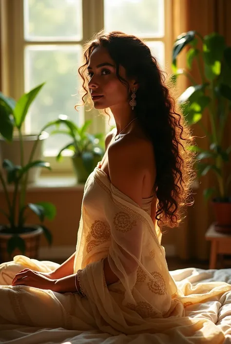 A beautiful indian nude woman, sitting on bed, wearing loose , saree , long curly hair, indoors, soft lighting, plants in background, window with sunlight, cozy room, relaxed pose, realistic, intricate details