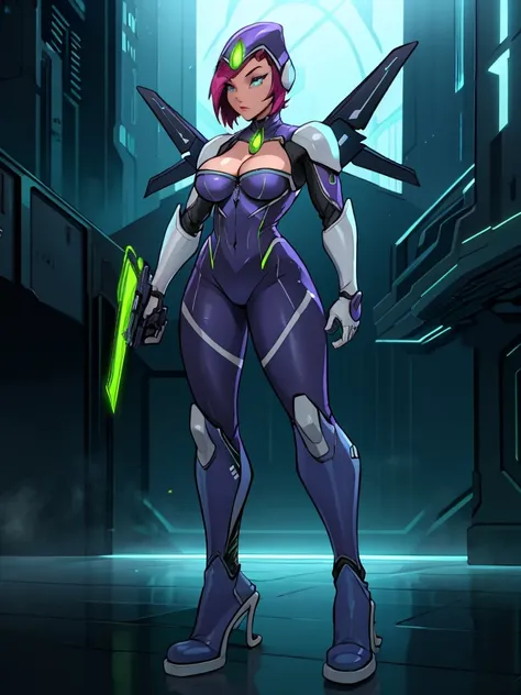 a girl wearing mecha cyber armor,technology bodysuit,smart lines in the costume, long cleavage,tech boots,tech gloves,(mechanized valkyrie girl),full body,high heels,intricate details,hyper realistic,8k,,dynamic pose,dramatic colors,complex patterns,futuri...