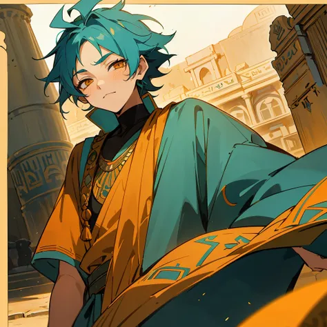 1 boy, Turquoise hair, orange eyes, Arabian style, handsome, 15 years old kid, orange eye liner, soft smile closing eyes, (((ancient Arabic clothes))), Arabian nights, Egyptian style, solo