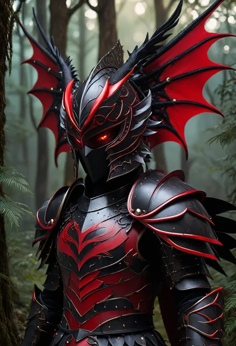 black-red gladiator helmet, tall as a tree, forest, night, dragon wings, round eye sockets, bead-like red eyes, black-red armor, animatronics, 8k