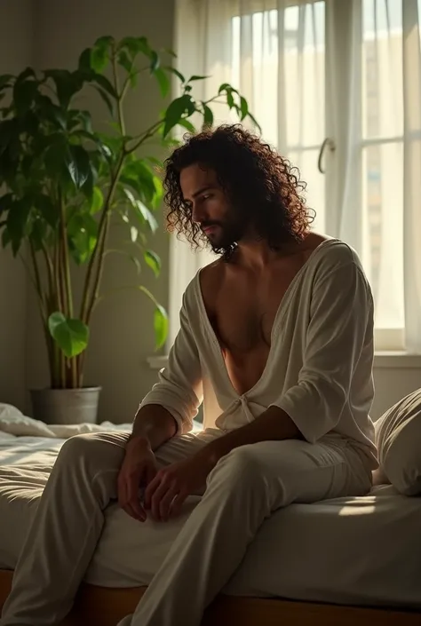 (photorealism:1.2), a man, sitting on bed, wearing loose off-shoulder top, pajama pants, long curly hair, indoors, soft lighting, plants in background, window with sunlight, realistic, intricate details, in crime scene