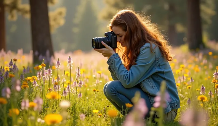 A photographer, immersed in the beauty of the wilderness, carefully frames a shot of a field of wildflowers with her digital camera.